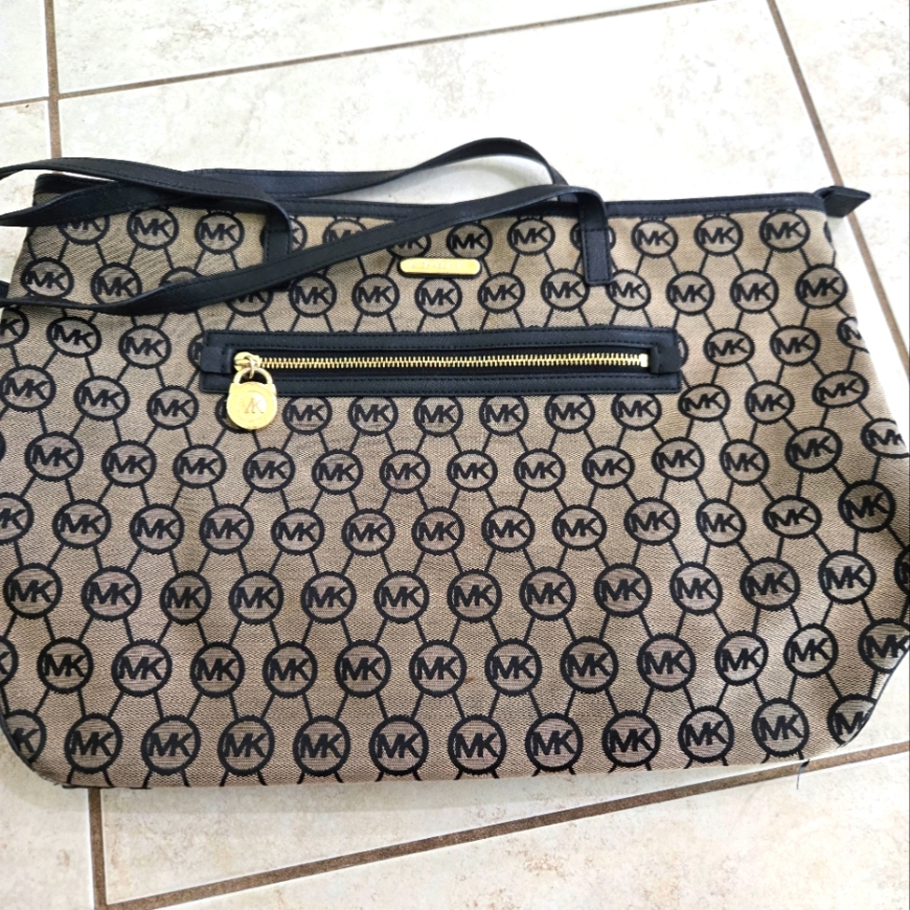 Michael Kors Black and Tan Monogram Tote